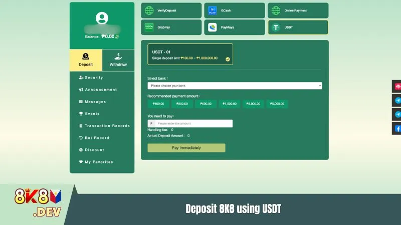 Deposit 8K8 using USDT