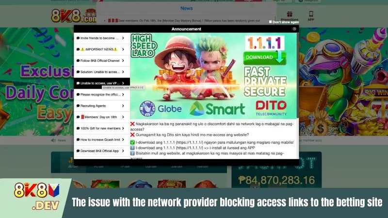 The issue with the network provider blocking access links to the betting site