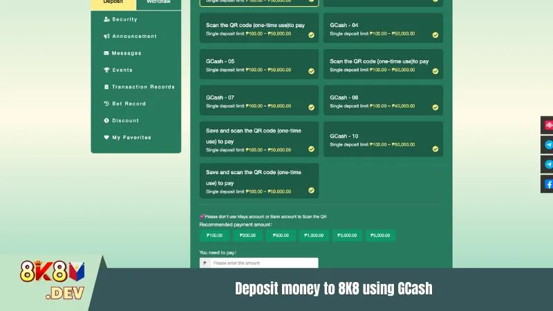 Deposit money to 8K8 using GCash