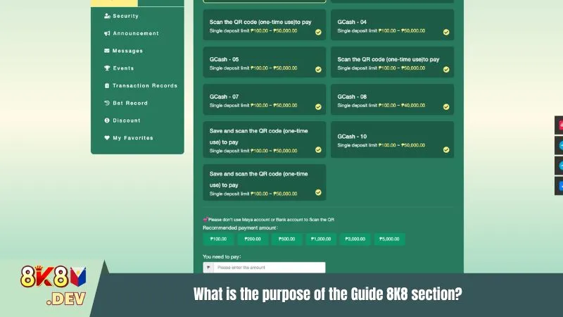 What is the purpose of the Guide 8K8 section?