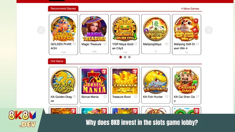 Why does 8K8 invest in the slots game lobby?