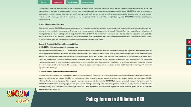 Policy terms in Affiliation 8K8